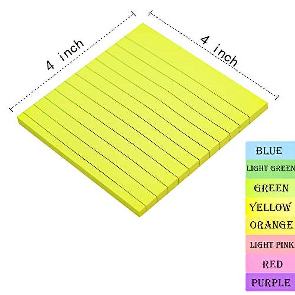 (8 Pack) Lined Sticky Notes Post, 8 Colors Self Sticky Notes Pad Its 4X4  in, Bright Post Stickies Colorful Big Square Sticky Notes for Office, Home